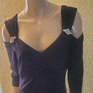 Long black, cold shoulder R& M Richards evening dress. Size 12. NWT.